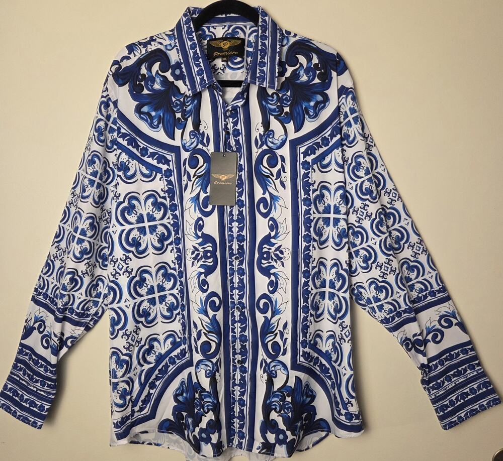 PREMIERE Men Shirt XXL 2XL Long Sleeve Button Down Blue White Tile Baroque NWT